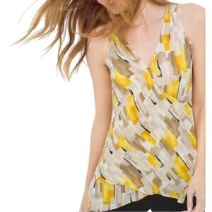 White House Black Market 100% Silk Abstract Workwear Faux Wrap Blouse Size Small